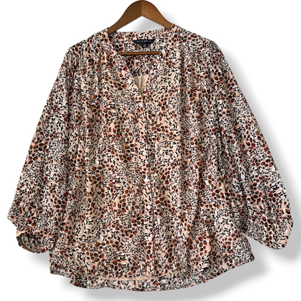 Zac & Rachel Blouse XL Tan Leopard Balloon Sleeve Lined Split Neck Top Mob Wife